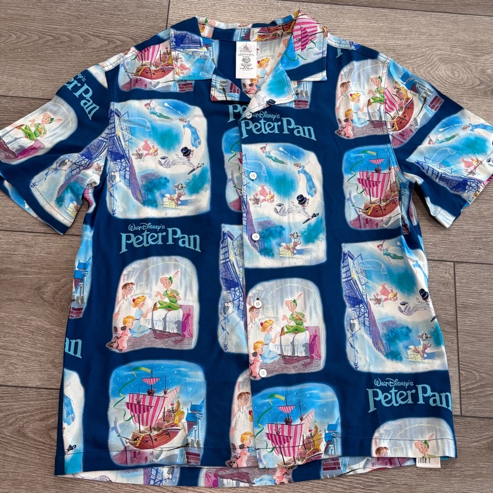 Disney Peter Pan Shirt Mens Medium Blue All Over Print Button Up Colorful
